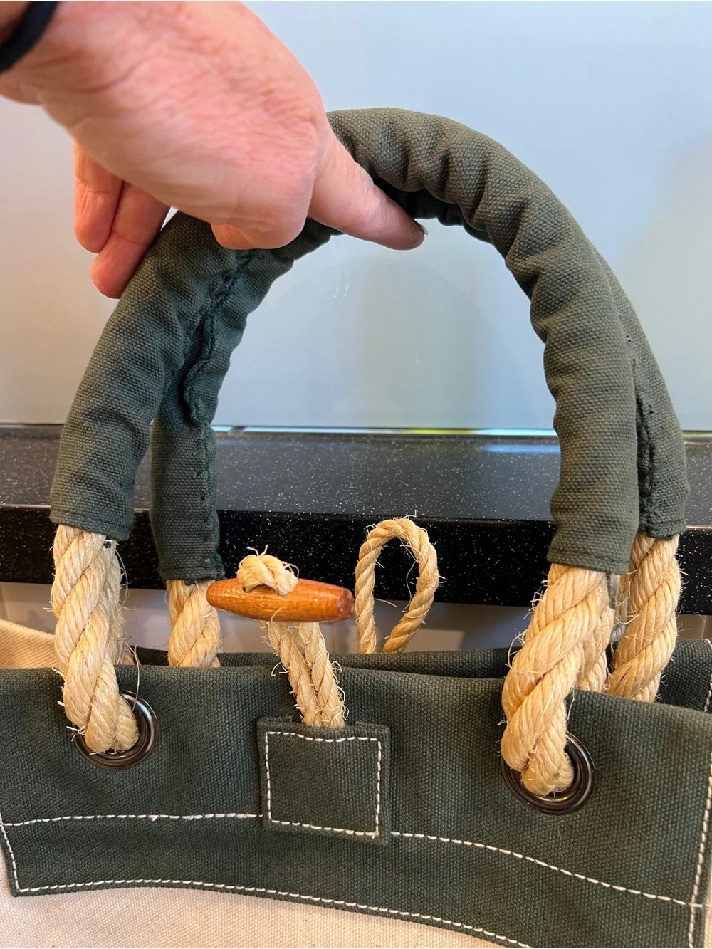 Wathne Cream and Dark Green Canvas Tote with Rope Handles